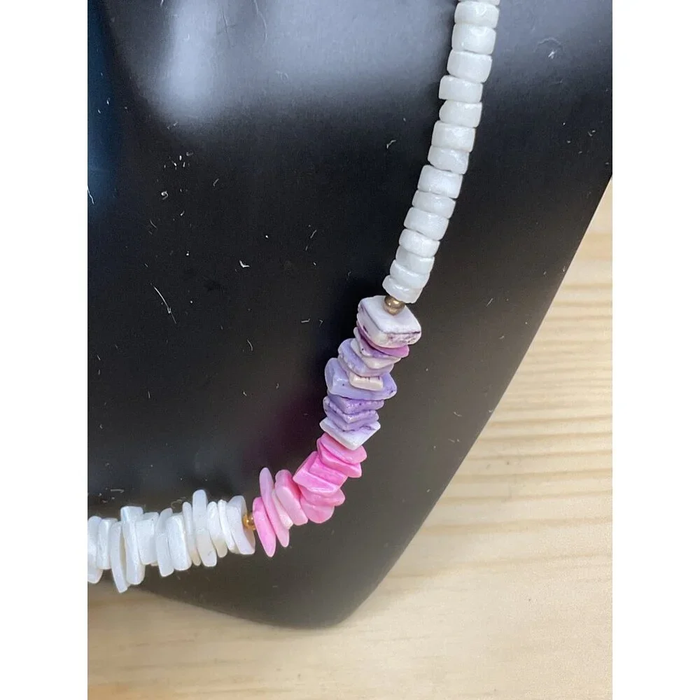 Pucca Puka Shell Necklace White Lavender Pink Retro Hawaii Surfer Beach 60s Vtg